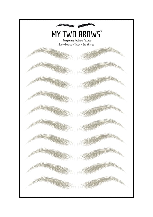(10 pairs) Taupe Temporary Eyebrow Tattoo - Extra Large Size - Waterproof & Smudgeproof - Sassy Swerve Style Eyebrow Stickers - Sheet Lasts up to 30 Days - Won't Work on Existing Brows