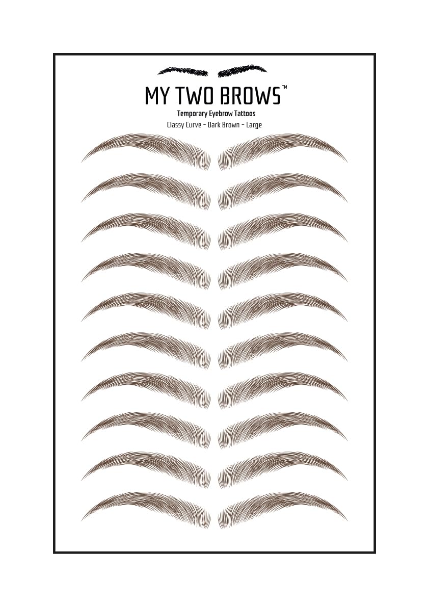 (10 pairs) Dark Brown Temporary Eyebrow Tattoo - Large - Waterproof & Smudgeproof - Classy Curve Style Eyebrow Stickers - Sheet Lasts up to 30 Days - Won't Work on Existing Brows