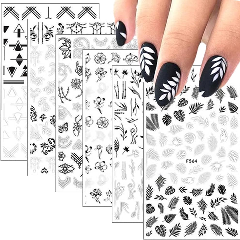 10 Sheets Black White Leaves Flower Nail Art Stickers 3D Self-Adhesive Retro Floral Vine Pattern Nail Decals Tropical Plants Mandala Leaf Geometry Transfer Decals Nail Art Decorations for Women Girls