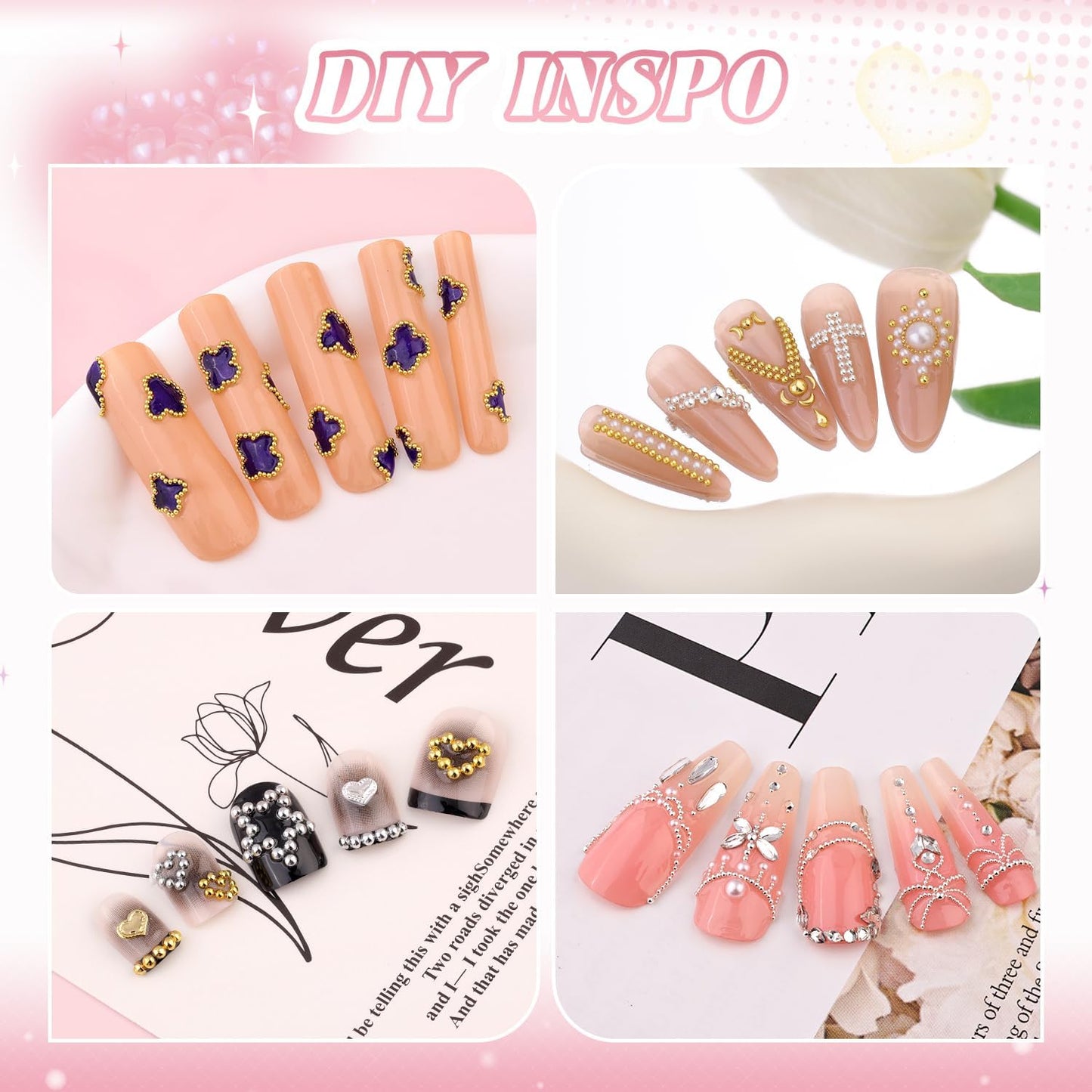 1-3MM Mini Small Nail Beads Metal Caviar Bead Silver Gold Nail Charms and Gems Ball, Nail Chain for Nail Art Accessories Supplies Gold Rhinestones for Women Manicure