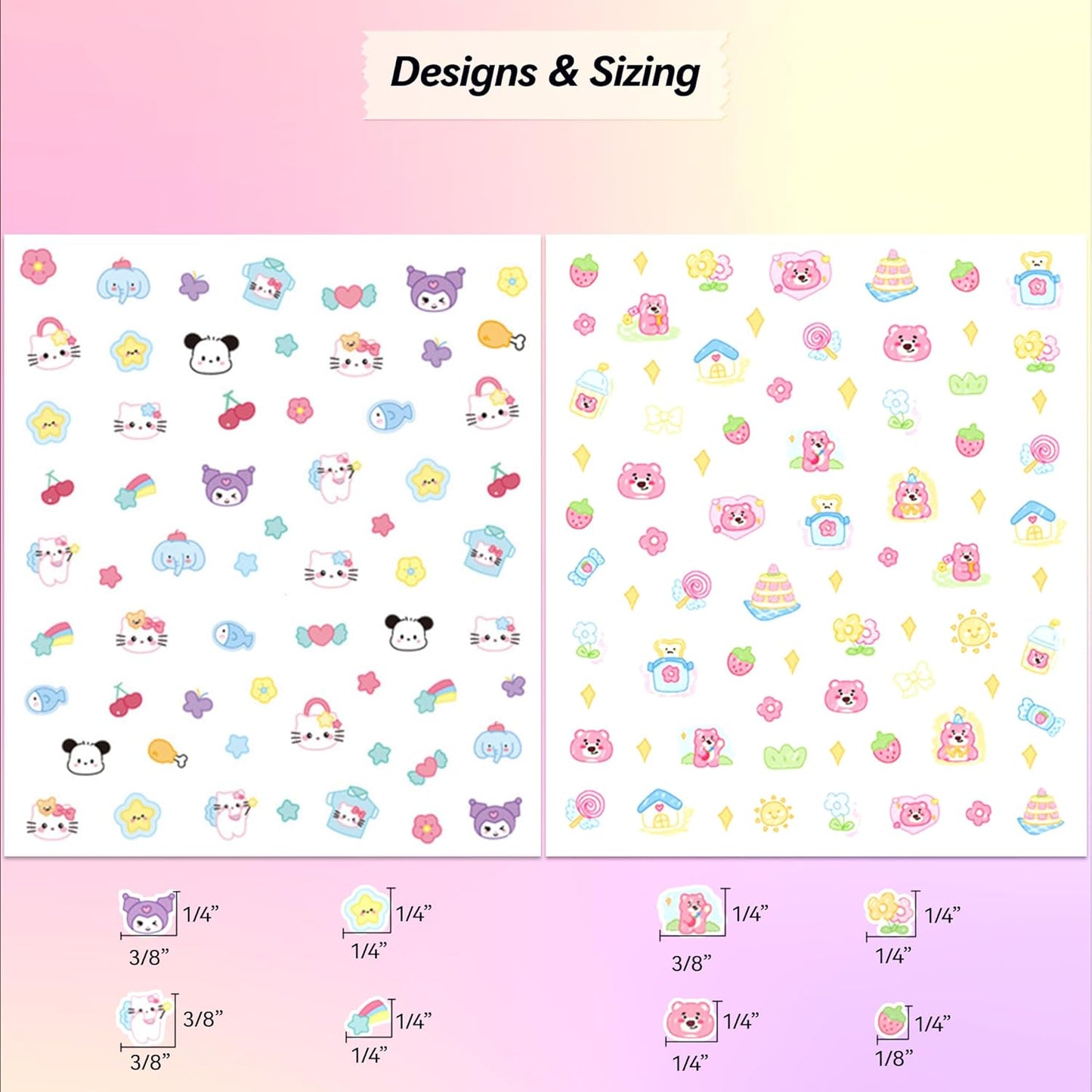 10 Sheets of 3D Nail Stickers - 719 Cute Nail Decals - Embossed Nail Stickers for Kids | Kawaii Theme - Butterfly, Flowers, Cats, Bunny, Stars, Fruits | Glow in The Dark