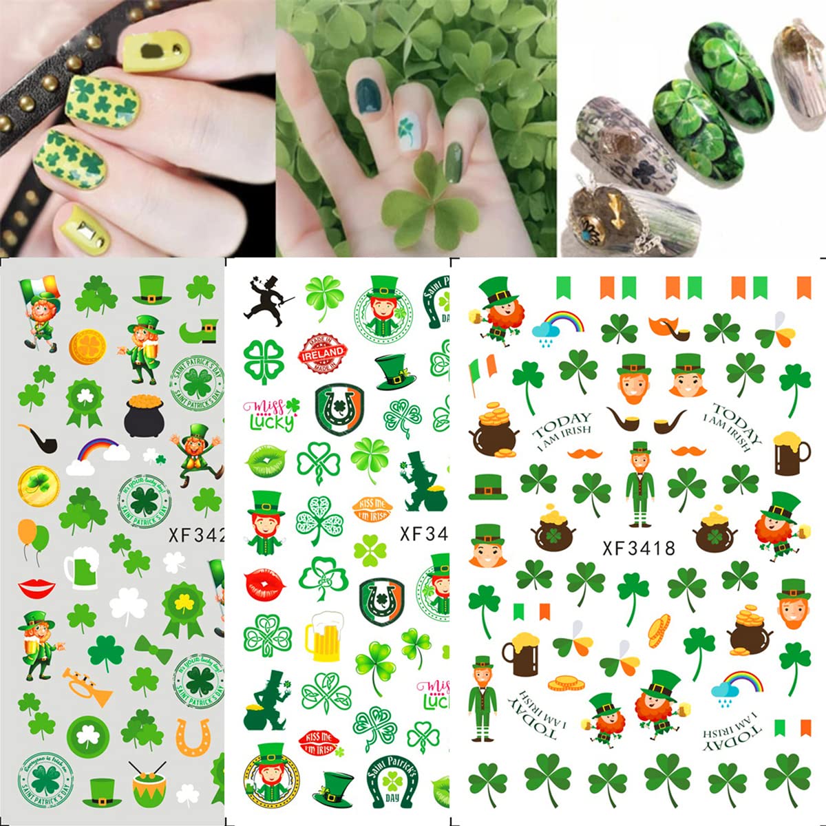 10 Pcs St. Patrick's Day Nail Art Stickers Luck of The Irish Nail Decals Shamrock Nail Stickers Green Spring Foil Decals Clover Nail Art Design Saint Patrick's Day Nail Decoration Supplies for Women