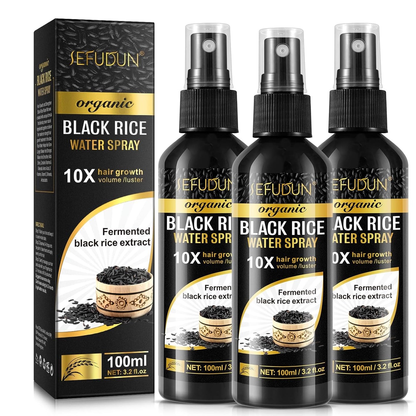 (3Pc) Organic Black Rice Water Spray for Hair Growth, A Solution with Castor Oil & Ginger Root Extract for Thicker, Fuller Hair, Targets Hair Loss and Repairs Damage 300ml/9.6 fl.oz