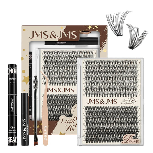 JMS&JMS DIY Lash Extension Kit 280PCS Lash Clusters Kit 30D+40D D Curl 9-16MIX Cluster Eyelash Extensions Kit with Lash Bond and Seal, Lash Remover, Lash Tweezers at Home